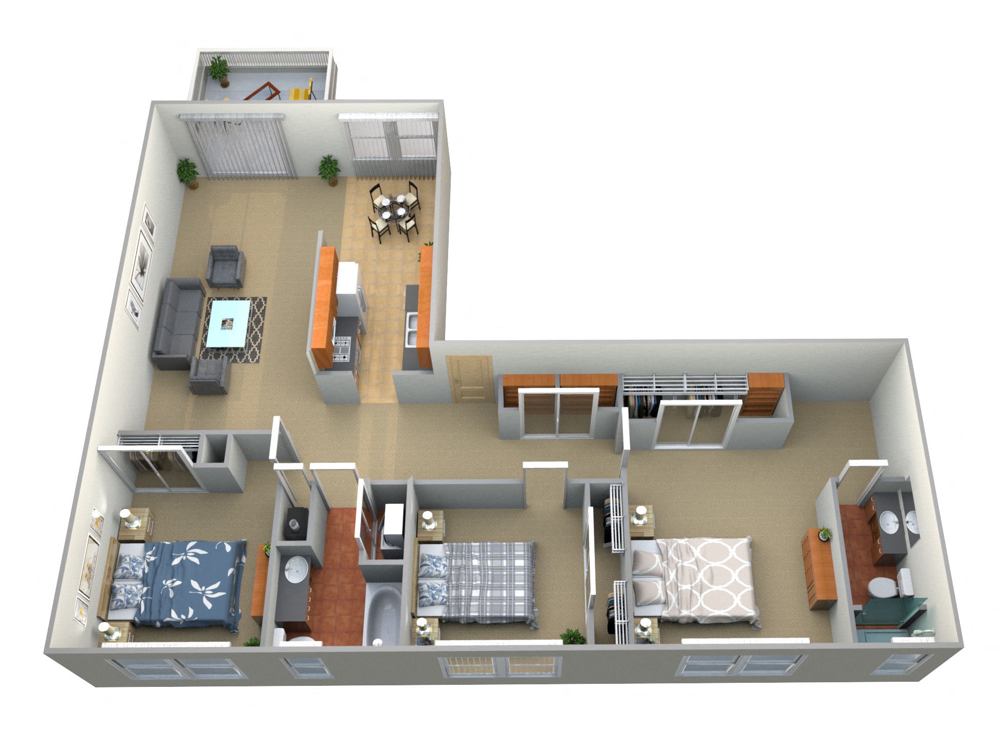 Floor plan for 3 beds, 2 baths, 1200 sqft